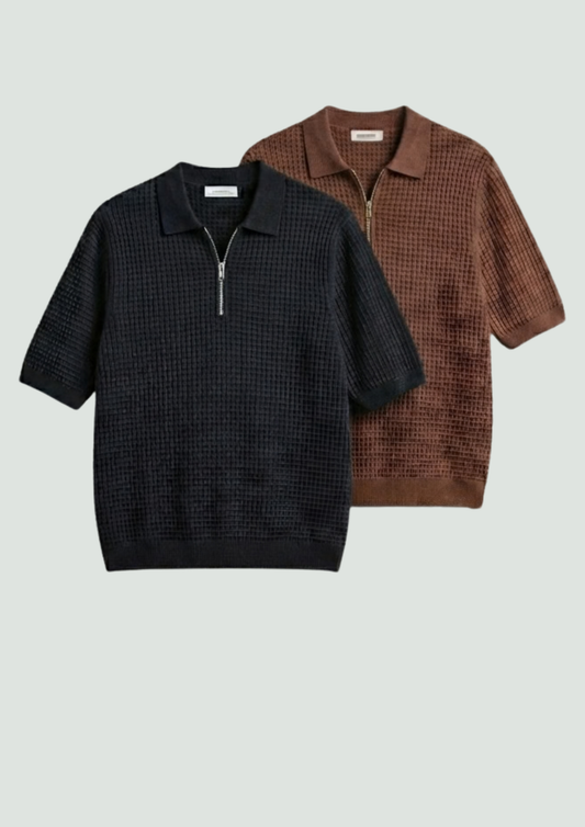 Pack of 2 – Waffle Knit Zipper Polo - (Black – Brown)