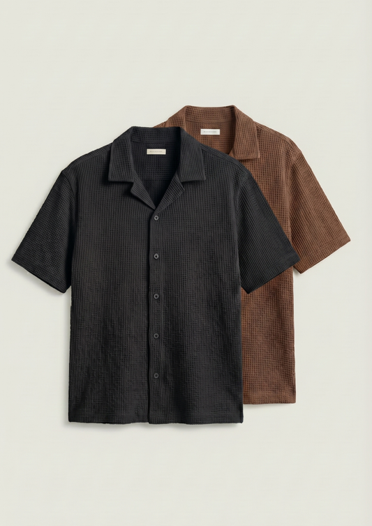 Pack Of 2 Waffle Knit Cuben Collar Shirt - (Black – Brown)