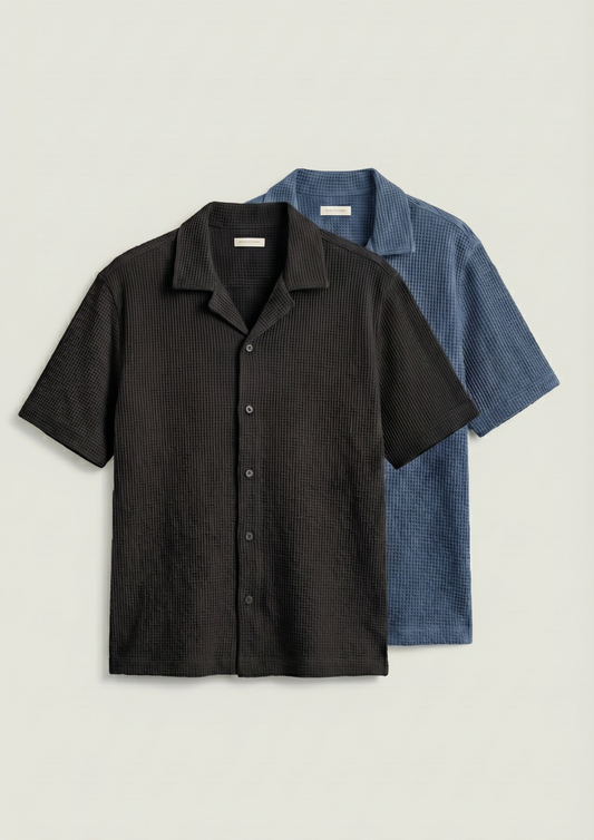 Pack Of 2 Waffle Knit Cuben Collar Shirt -(Black – Steel Blue)