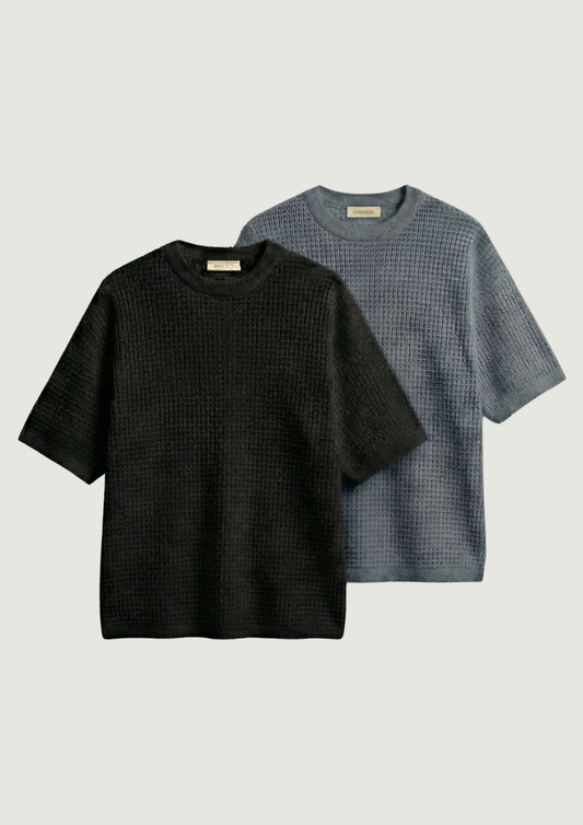 Pack of 2 – Waffle Knit Oversized Tees - (Black – Steel Gray)