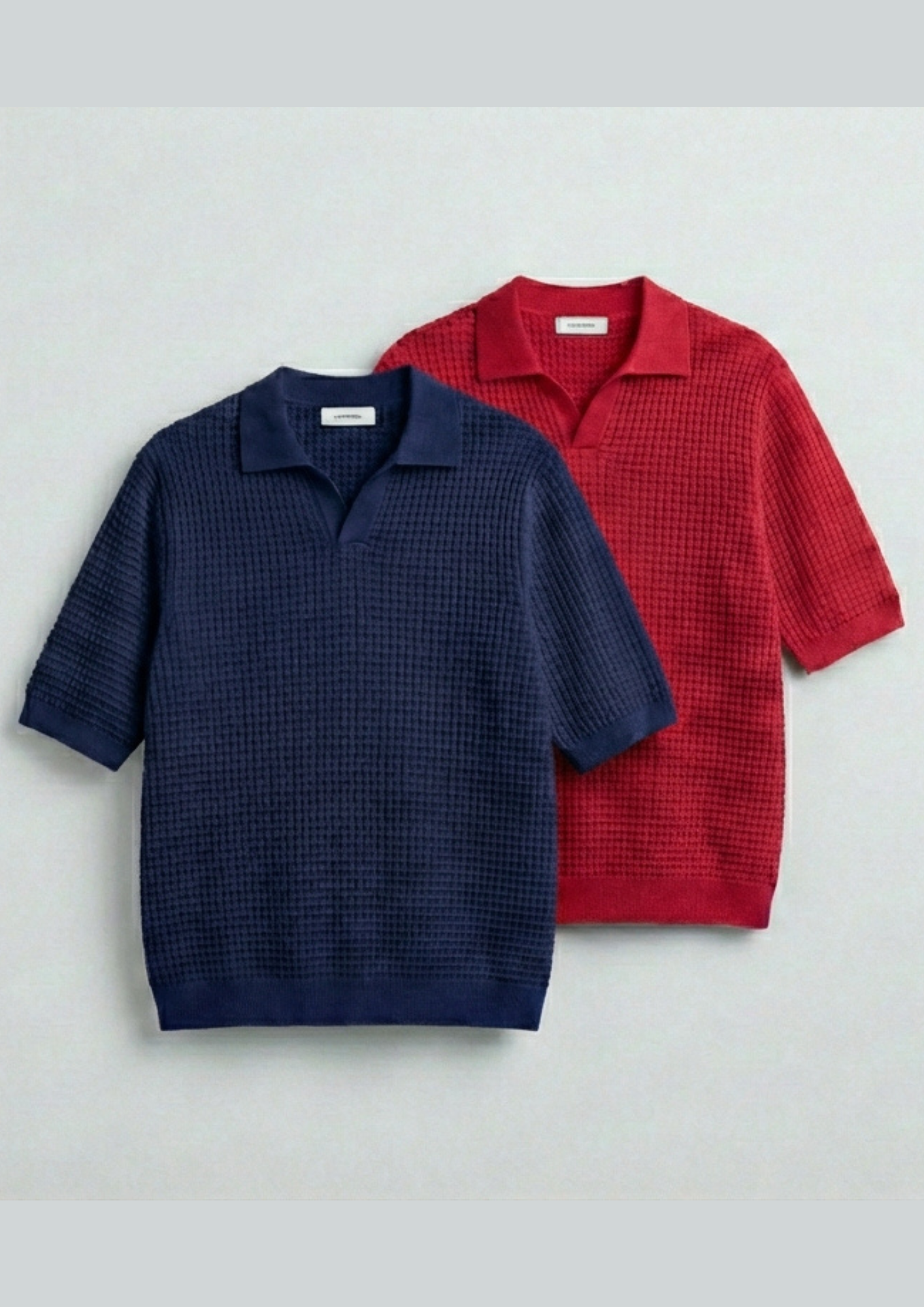 2 Piece Waffle Knit Polo T-Shirt (Navy Blue – Red)