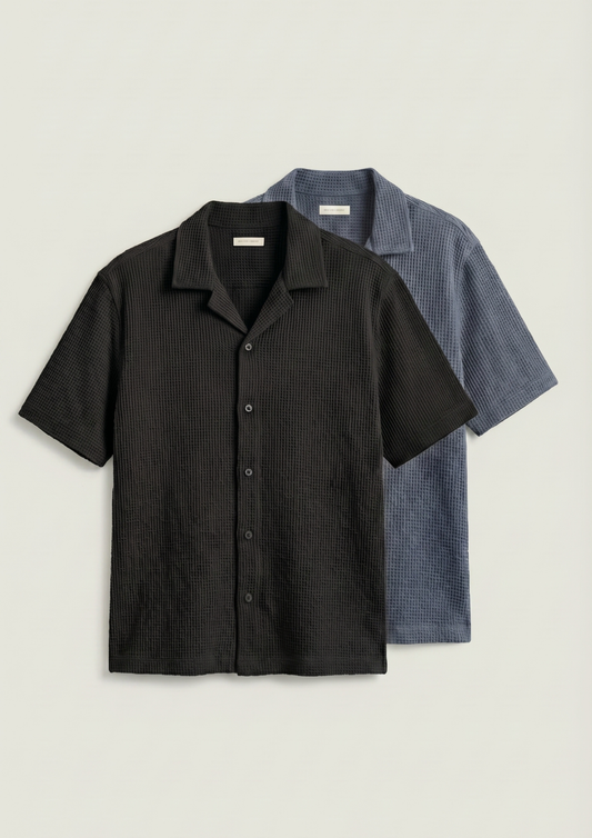 Pack Of 2 Waffle Knit Cuben Collar Shirt - (Black – Steel Gray)