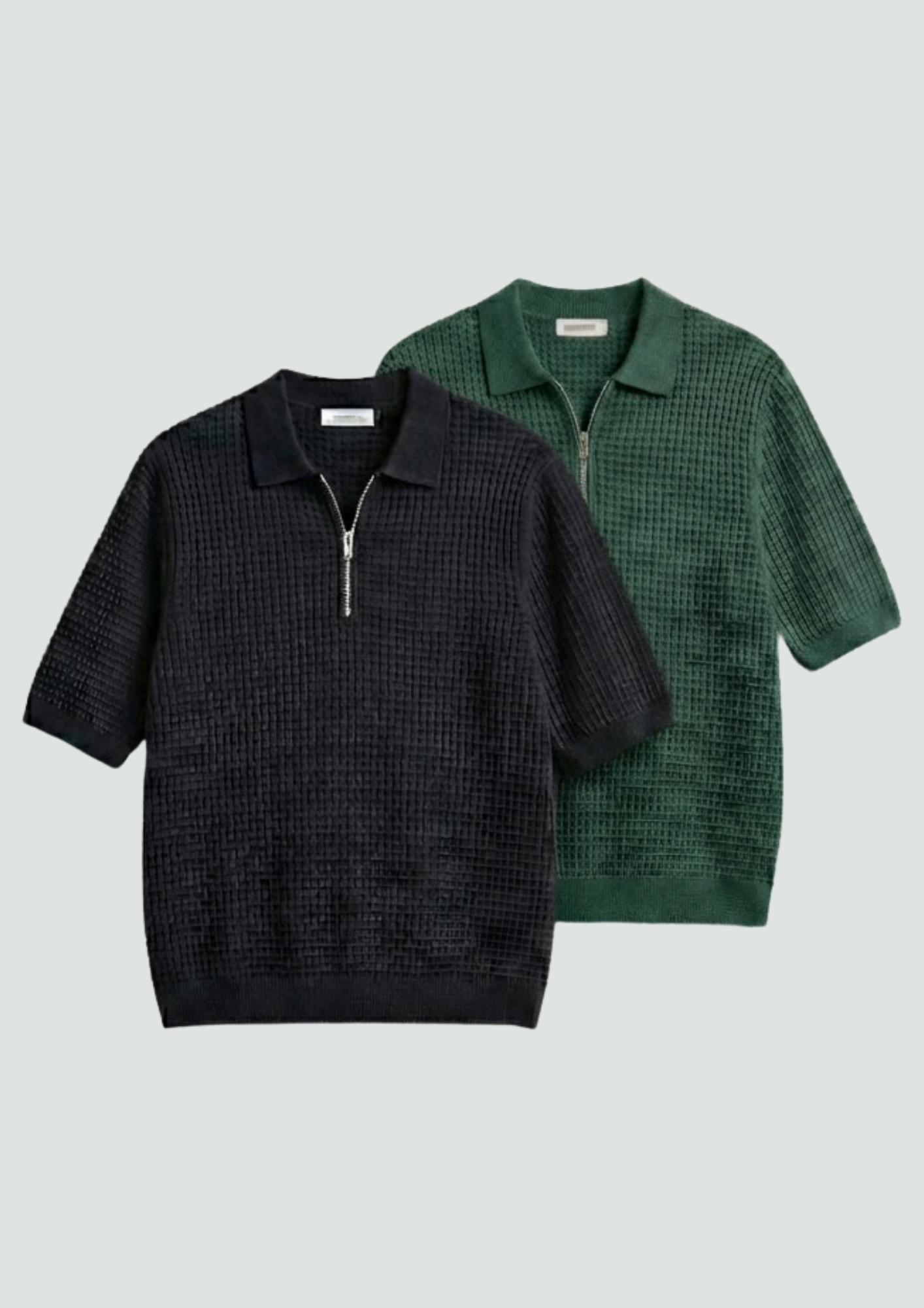 Pack of 2 – Waffle Knit Zipper Polo - (Black – Bottle Green)