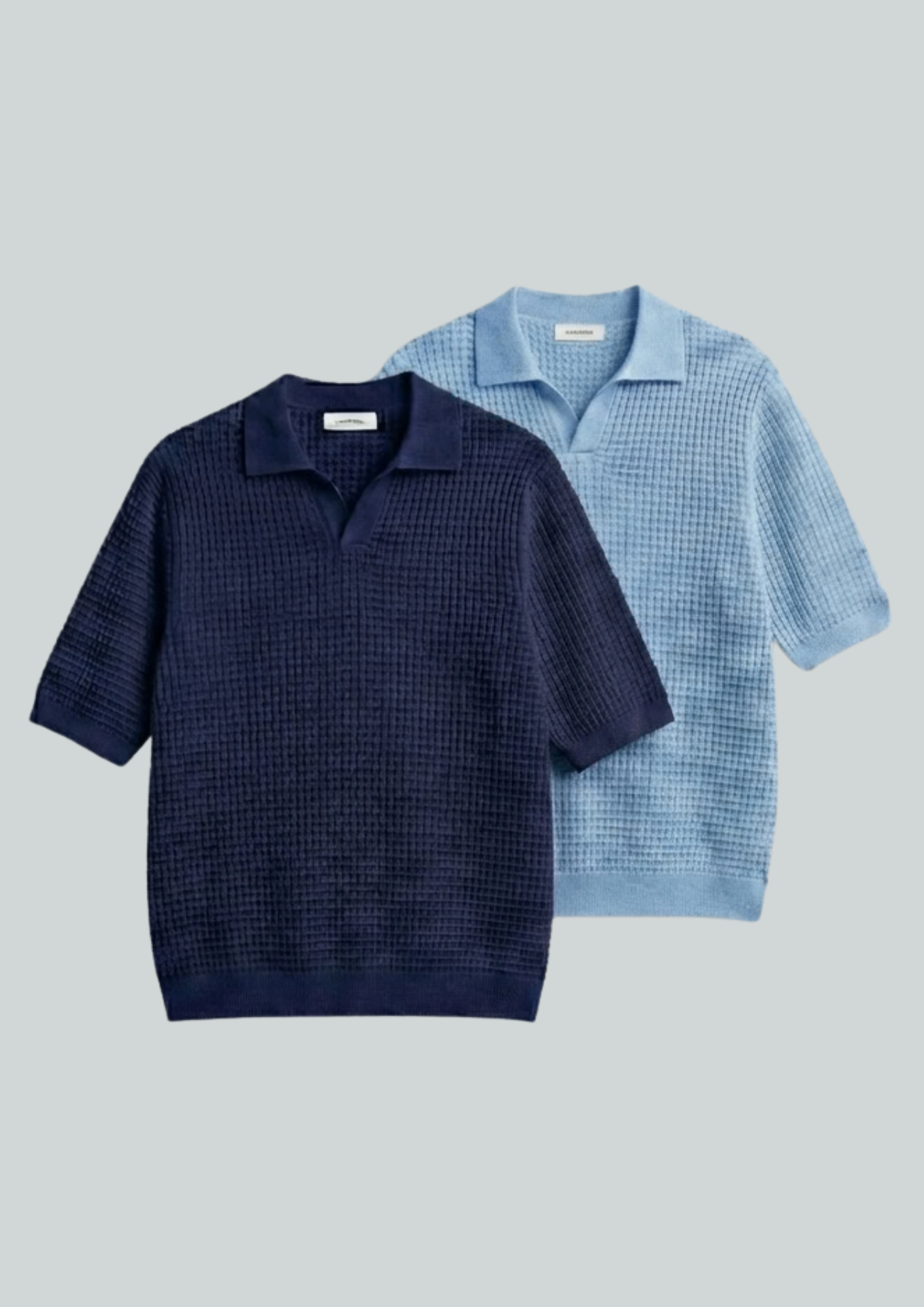 2 Piece Waffle Knit Polo T-Shirt (Navy Blue – Light Blue)
