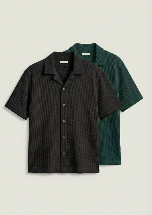 Pack Of 2 Waffle Knit Cuben Collar Shirt - (Black – Bottle Green)