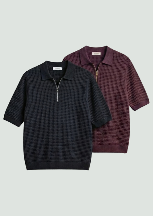 Pack of 2 – Waffle Knit Zipper Polo - (Black – Maroon)