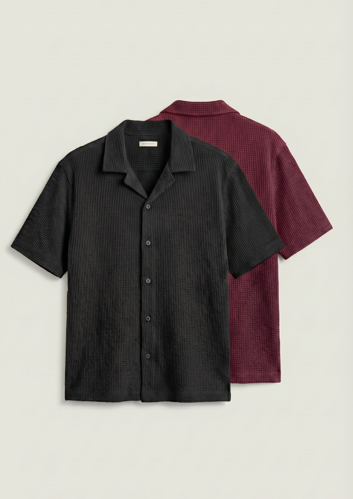 Pack Of 2 Waffle Knit Cuben Collar Shirt - (Black – Maroon)