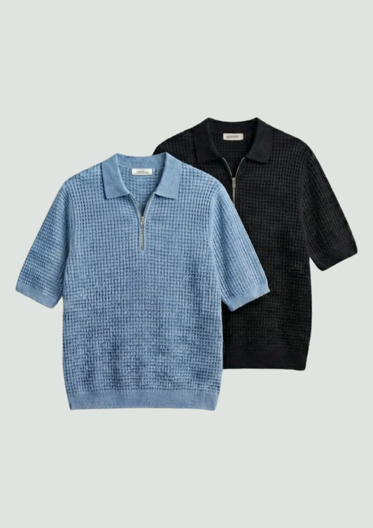 Pack of 2 – Waffle Knit Zipper Polo - (Black – Light Blue)