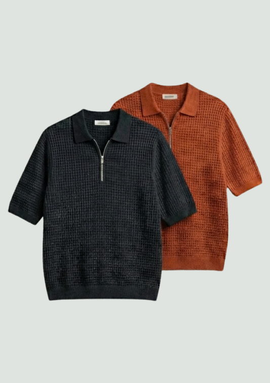 Pack of 2 – Waffle Knit Zipper Polo - (Black – Rust)
