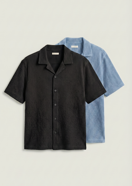 Pack Of 2 Waffle Knit Cuben Collar Shirt - (Black – Light Blue)