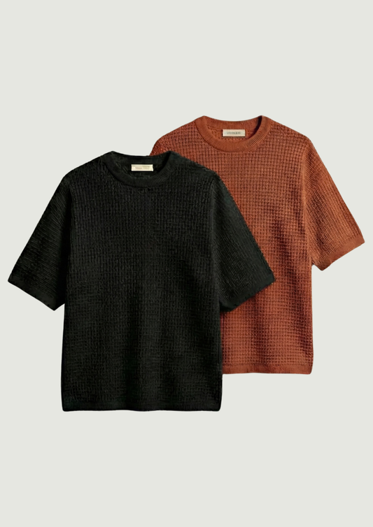 Pack of 2 – Waffle Knit Oversized Tees - (Black – Rust)