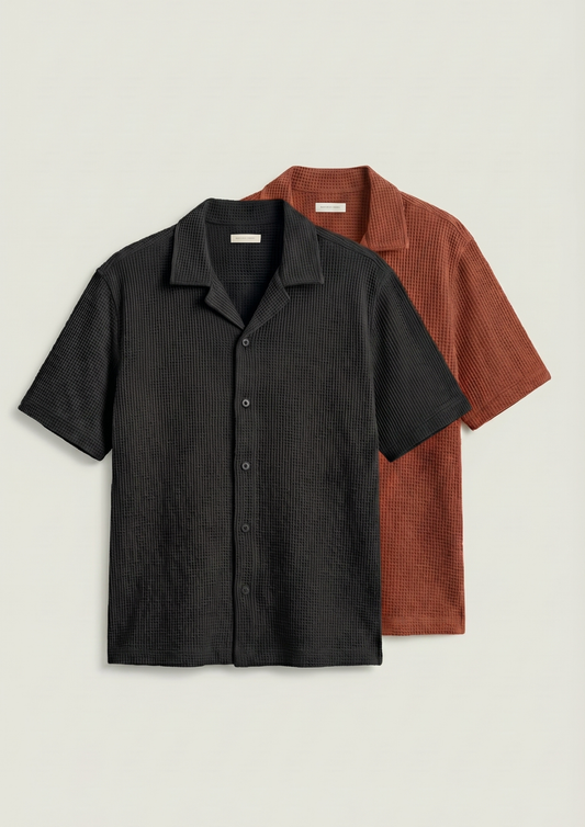 Pack Of 2 Waffle Knit Cuben Collar Shirt - (Black – Rust)