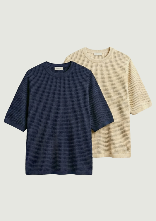 Pack of 2 – Waffle Knit Oversized Tees - (Navy Blue – Cream)
