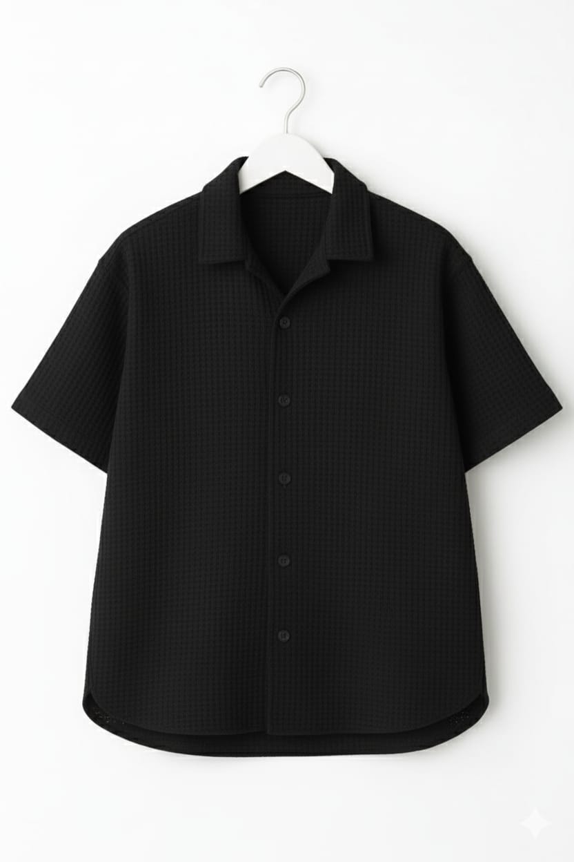 Black Waffle Knit Cuben Collar Shirt