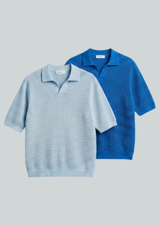 2 Piece Waffle Knit Polo T-Shirt (Dodger Blue – Light Blue)