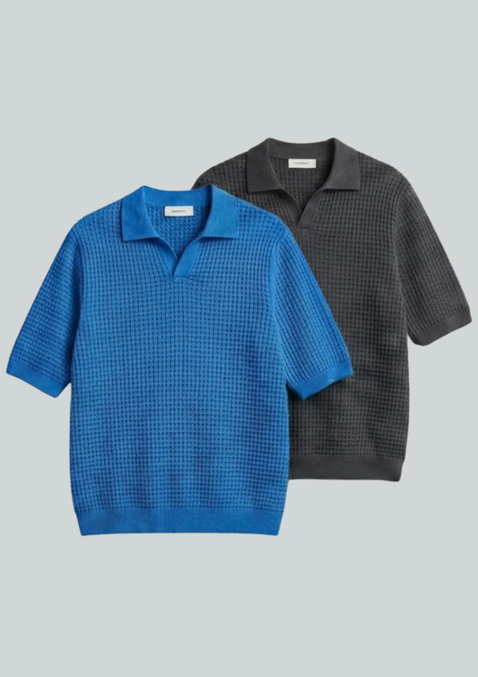 2 Piece Waffle Knit Polo T-Shirt (Dodger Blue – Charcoal)