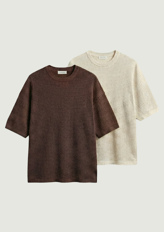 Pack of 2 – Waffle Knit Oversized Tees - (Cream – Brown)