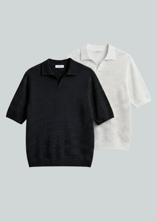 2 Piece Waffle Knit Polo T-Shirt (Black – White)