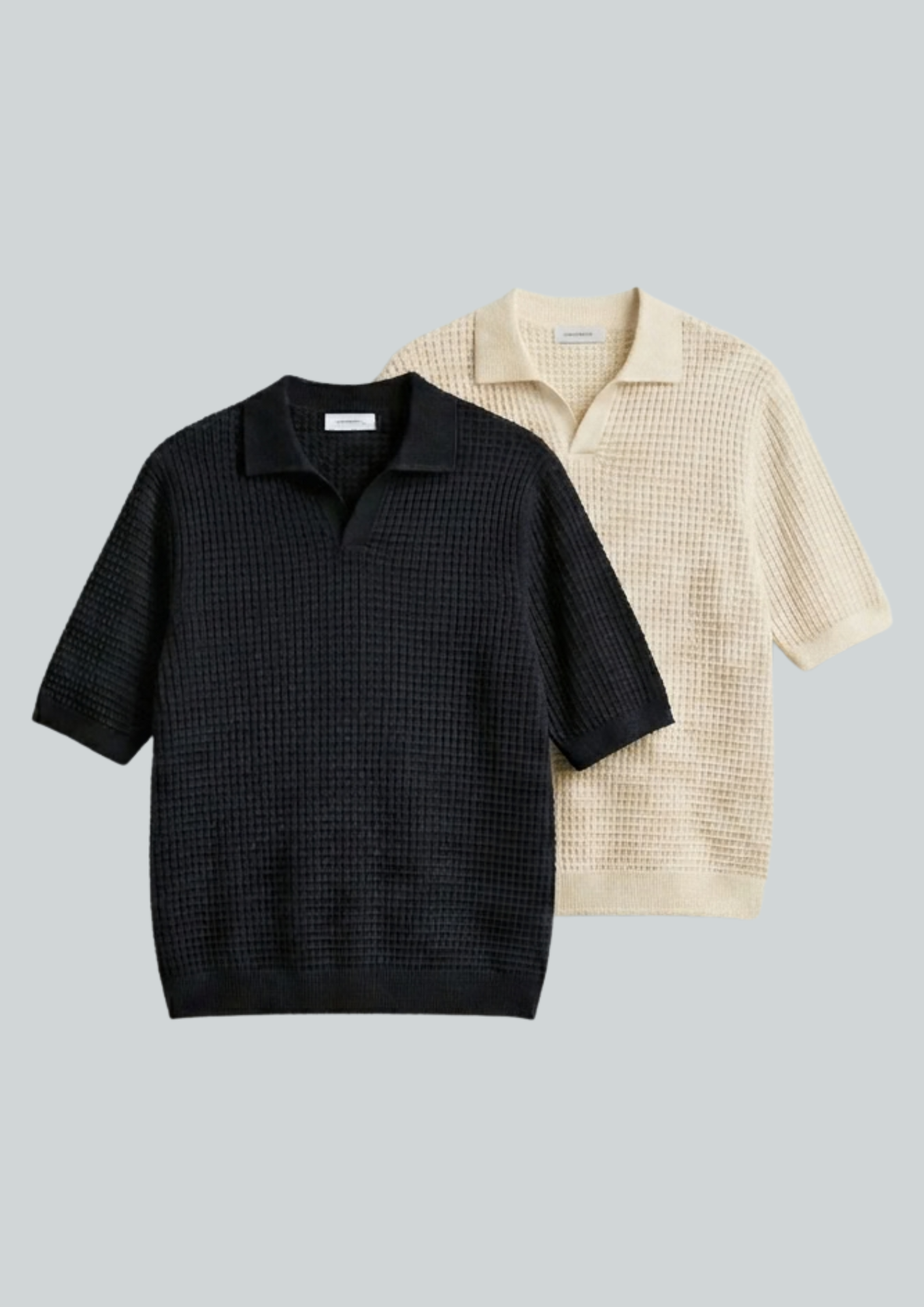 2 Piece Waffle Knit Polo T-Shirt (Black – Cream)