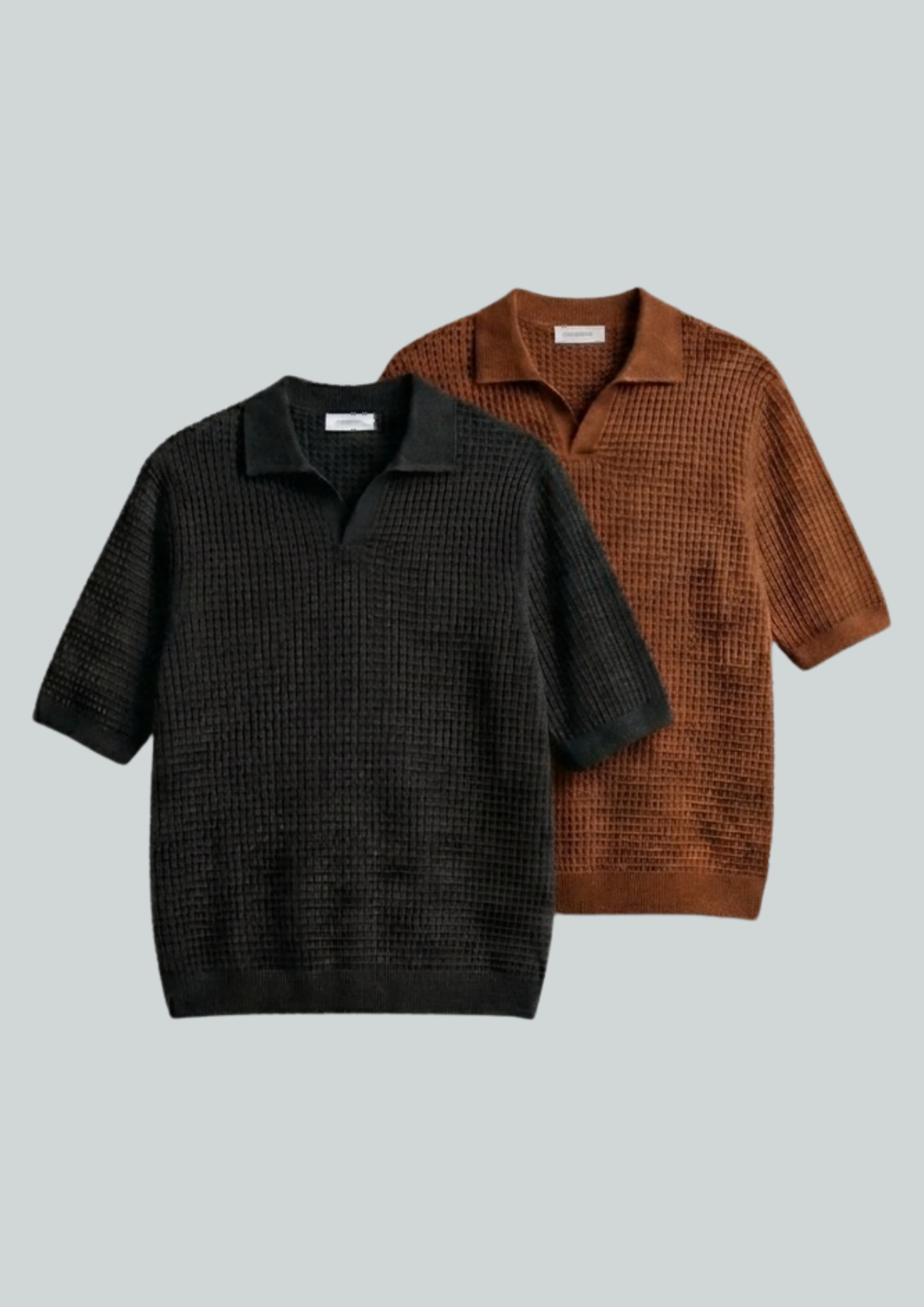 2 Piece Waffle Knit Polo T-Shirt (Black – Brown)