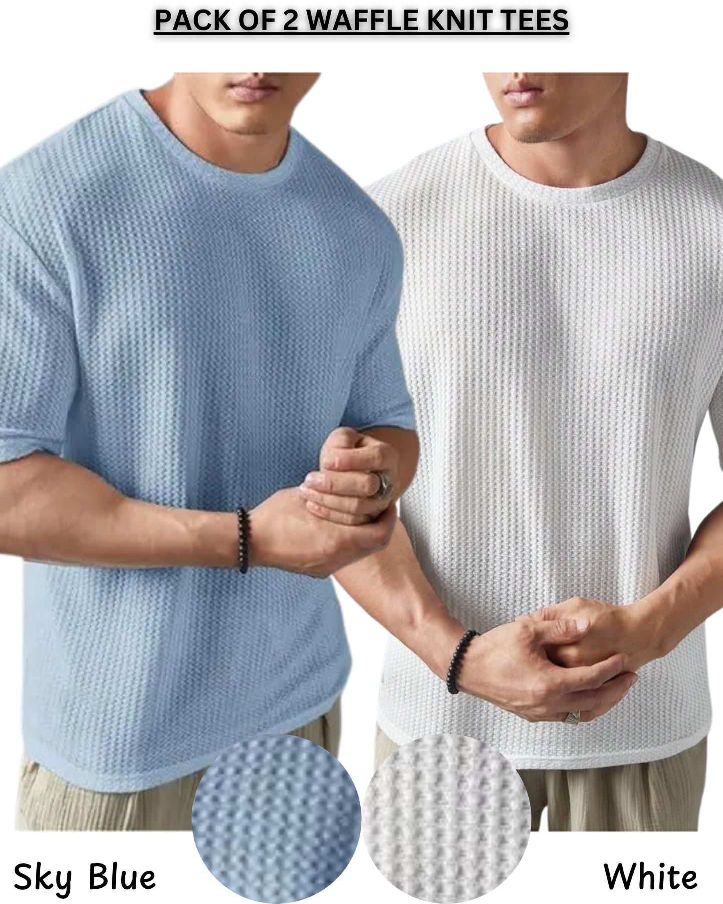 Pack of 2 – Waffle Knit Tees (White & Sky Blue)