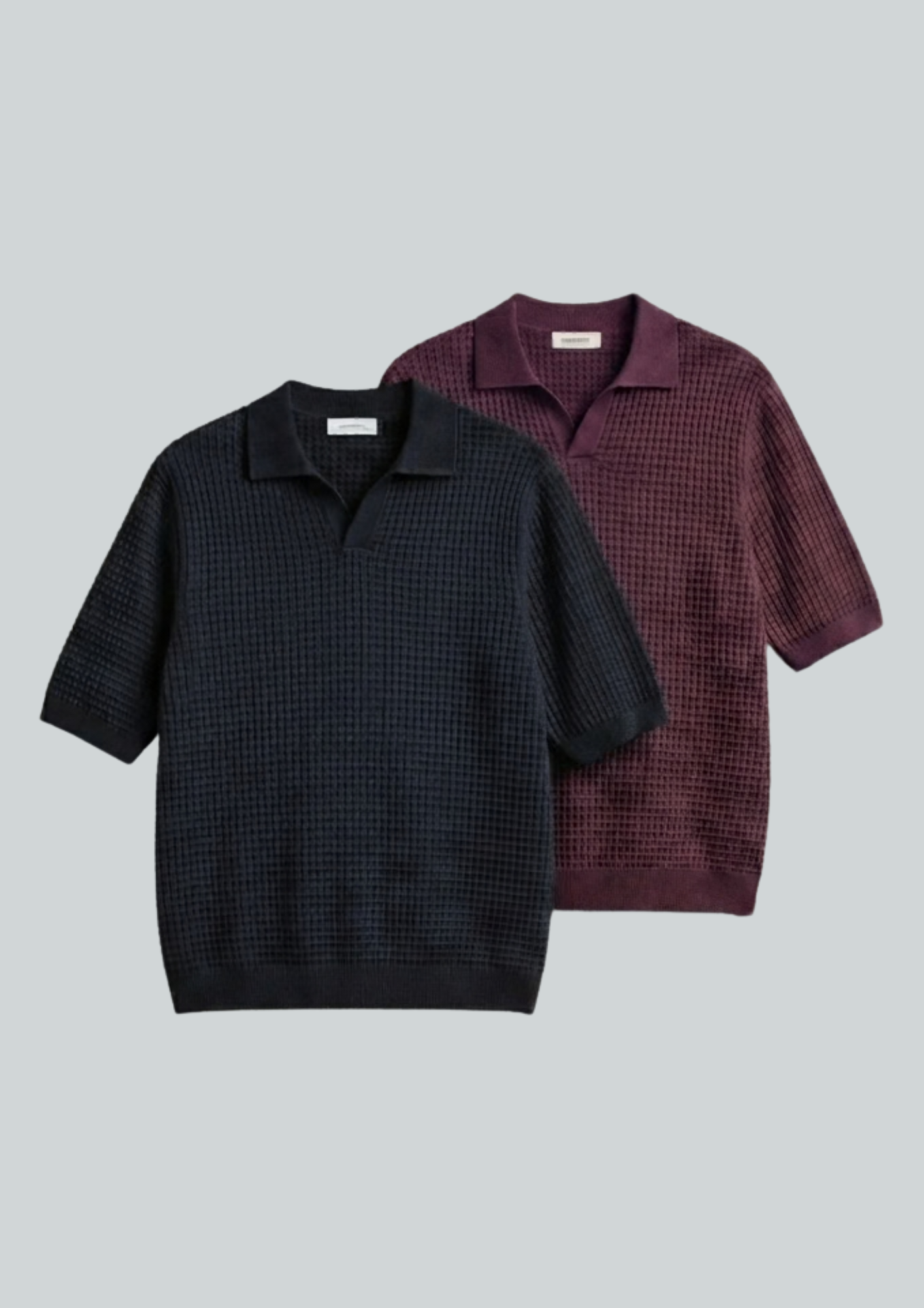 2 Piece Waffle Knit Polo T-Shirt (Black – Maroon)
