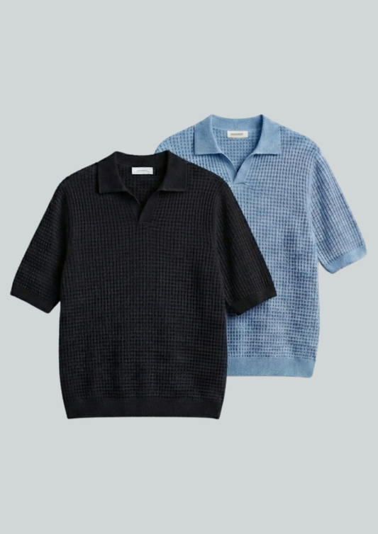 2 Piece Waffle Knit Polo T-Shirt (Black – Light Blue)