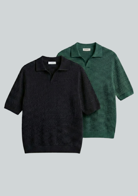 2 Piece Waffle Knit Polo T-Shirt (Black – Forest Green)