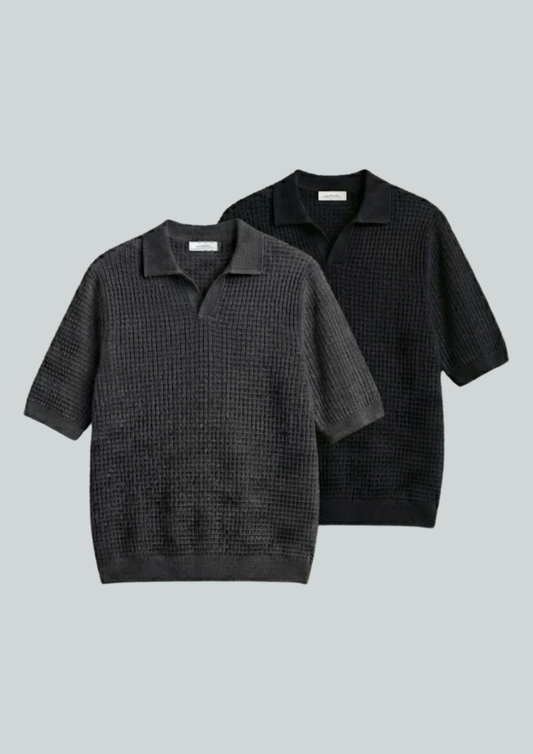 2 Piece Waffle Knit Polo T-Shirt (Black – Charcoal)