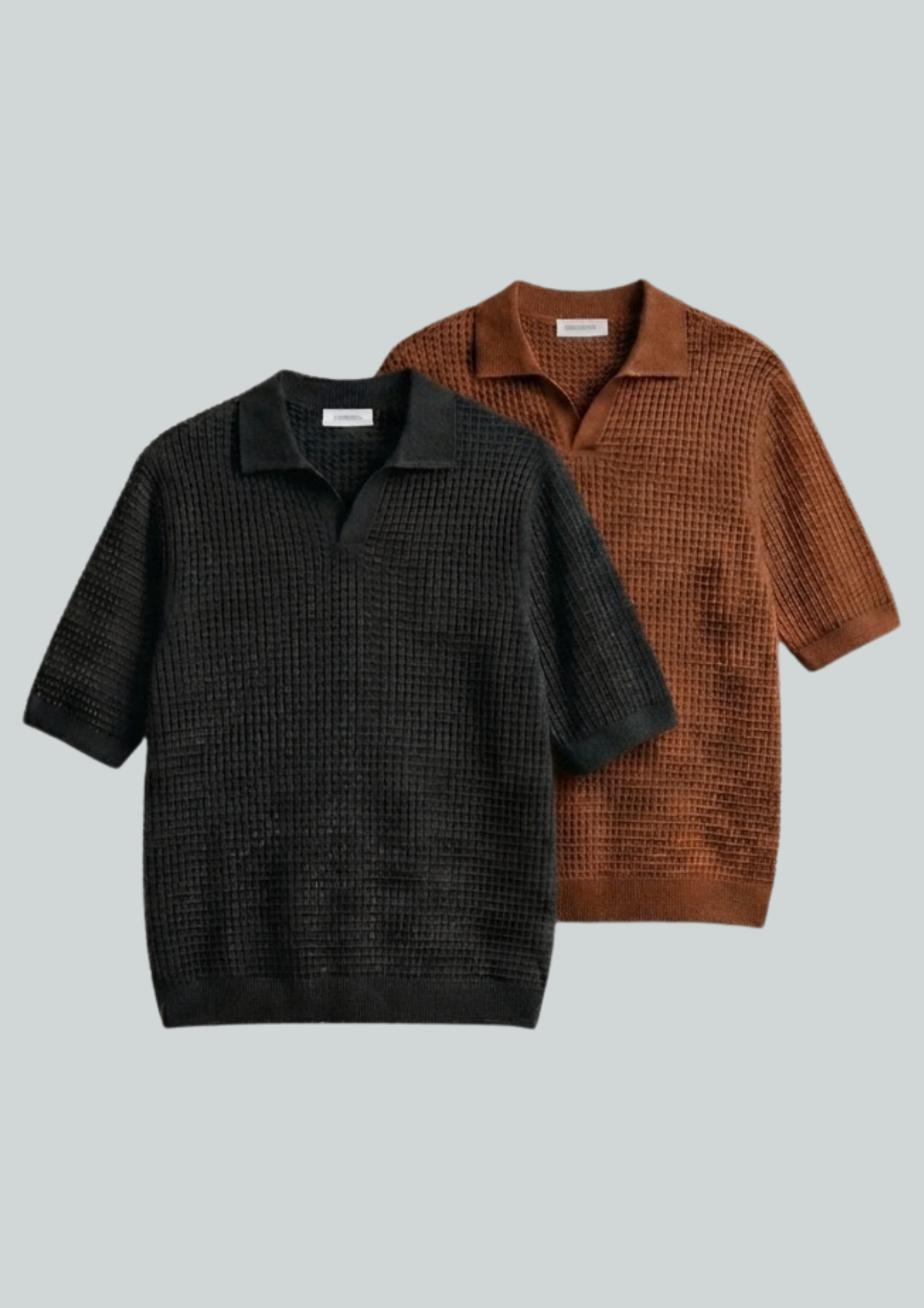 2 Piece Waffle Knit Polo T-Shirt (Black – Rust)
