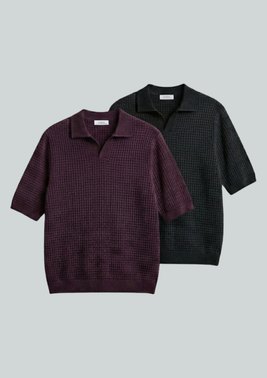 2 Piece Waffle Knit Polo T-Shirt (Black – Midnight Plum)