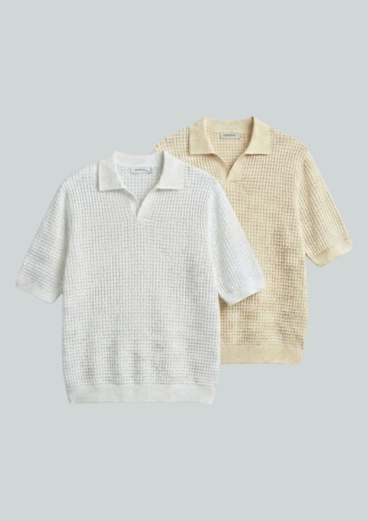 2 Piece Waffle Knit Polo T-Shirt (White – Cream)