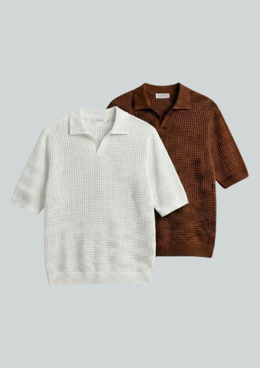 2 Piece Waffle Knit Polo T-Shirt (White – Brown)