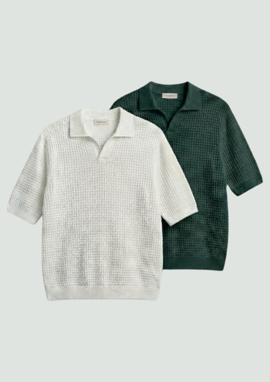 2 Piece Waffle Knit Polo T-Shirt (White – Bottle Green)
