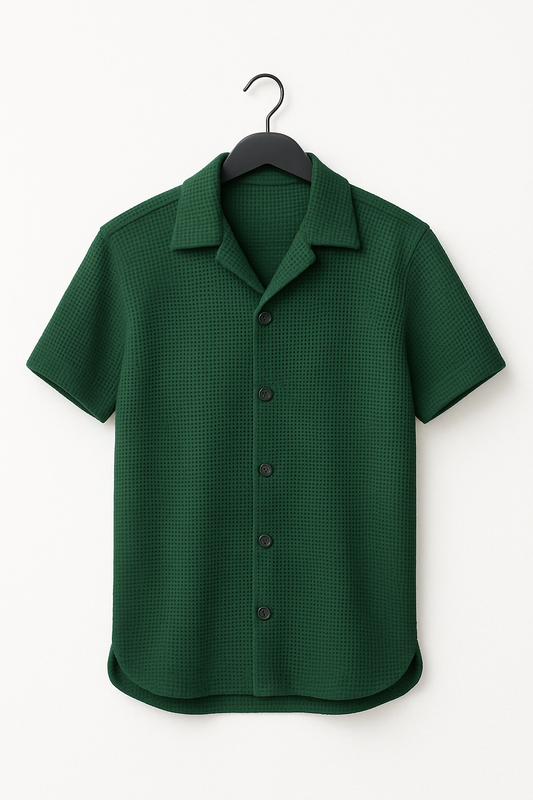 Green Waffle Knit Cuban Collar Shirt for Men