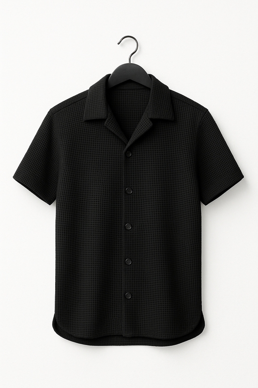 Black Waffle Knit Cuban Collar Shirt for Men