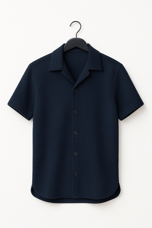Navy Blue Waffle Knit Cuban Collar Shirt for Men