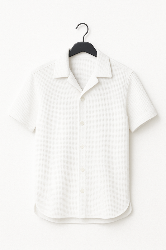 White Waffle Knit Cuban Collar Shirt for Men