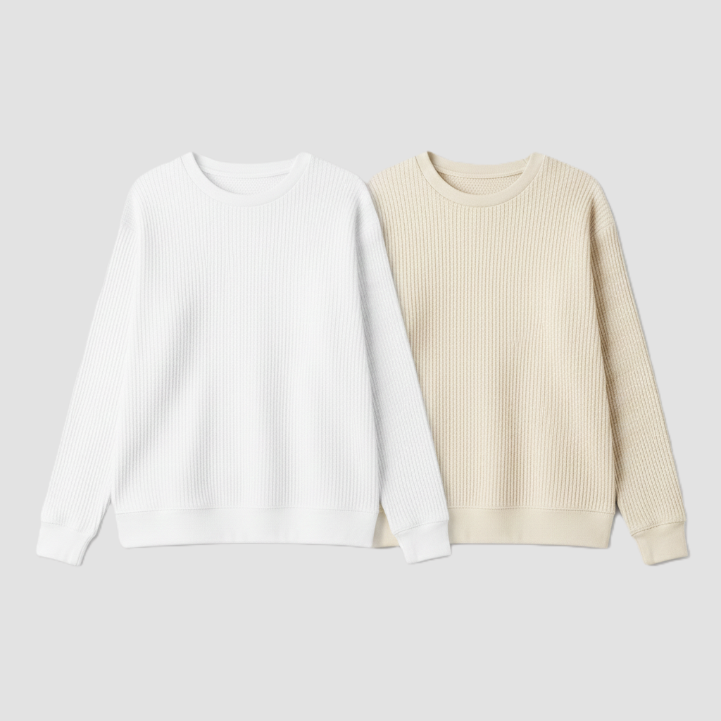 2 Pieces Waffle Knit Tees ( WHITE & CREAM )