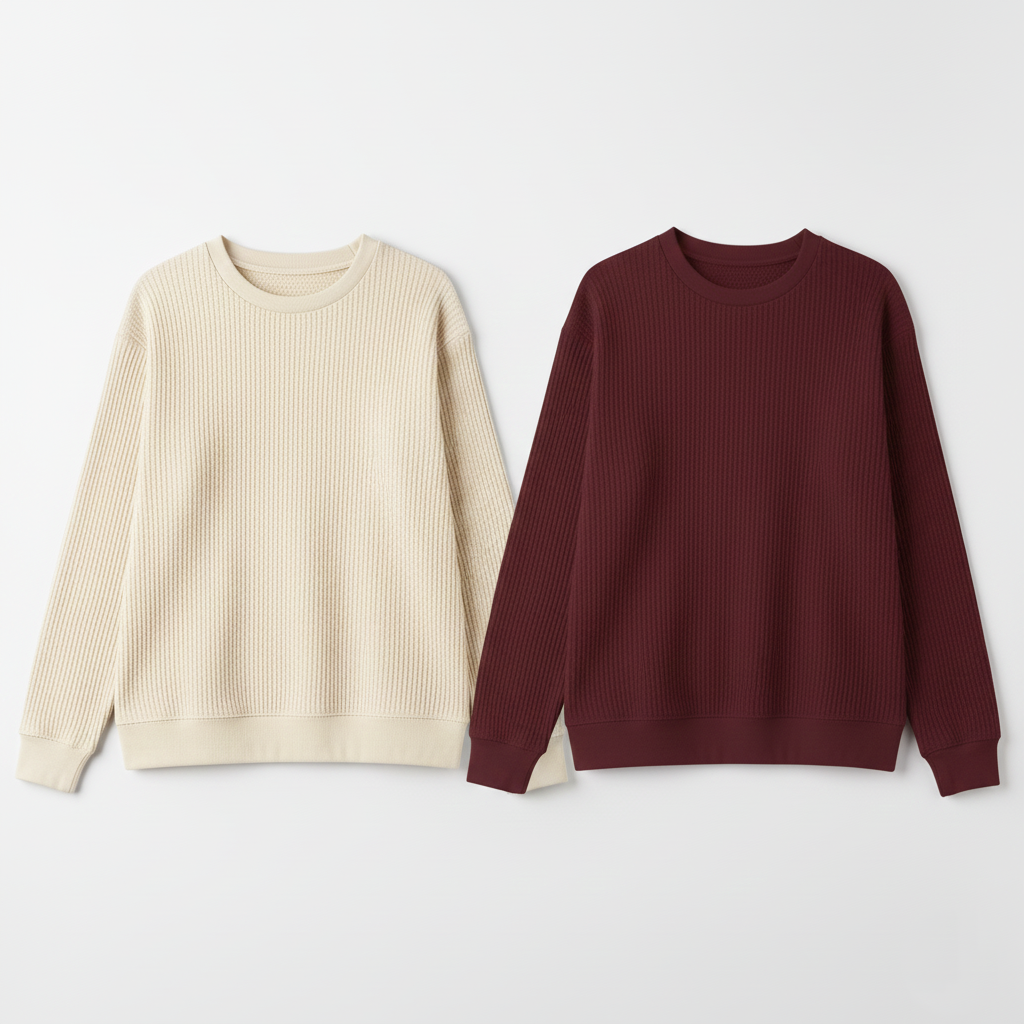 2 Pieces Waffle Knit Tees ( CREAM & MAROON )
