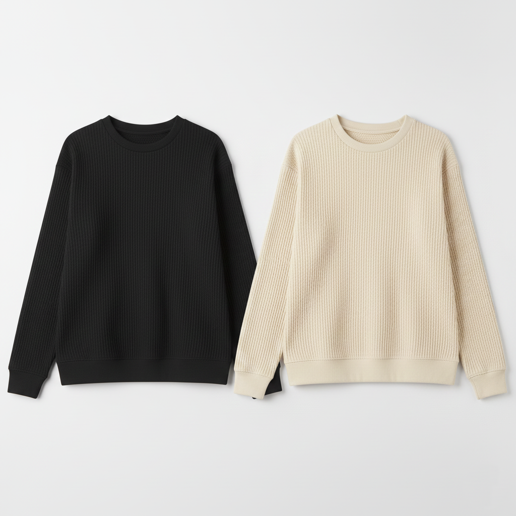 2 Pieces Waffle Knit Tees ( BLACK & CREAM )