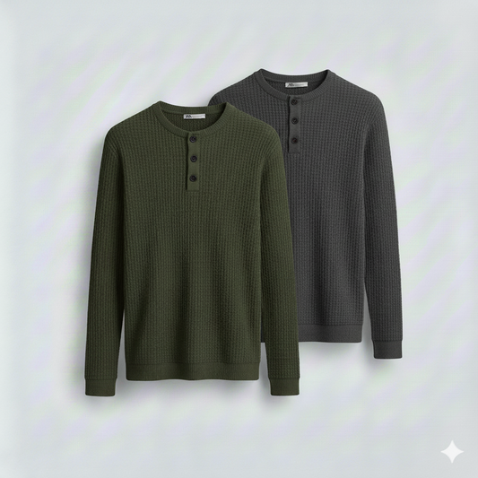 2 Pieces Waffle Knit Henley Pack (Military Green + Charcoal)