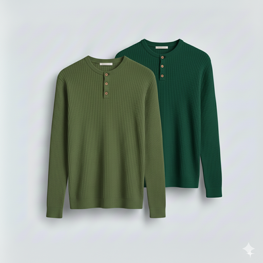 2 Pieces Waffle Knit Henley Pack ( Military Green + Forest Green )