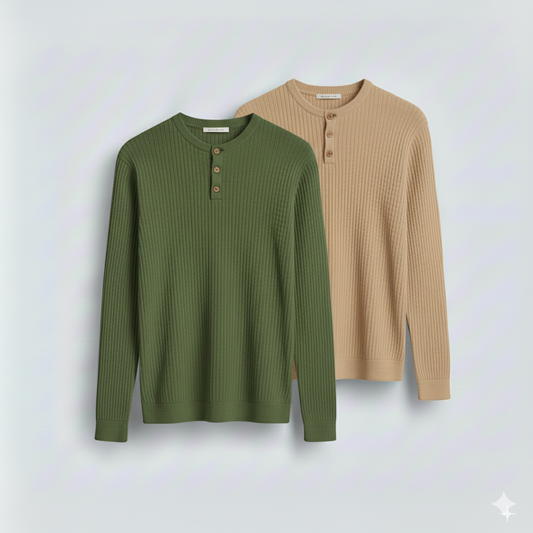 2 Pieces Waffle Knit Henley Pack ( Military Green + Desert Sand )