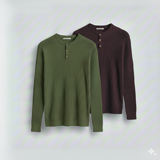 2 Pieces Waffle Knit Henley Pack (   Military Green + Midnight Plum )