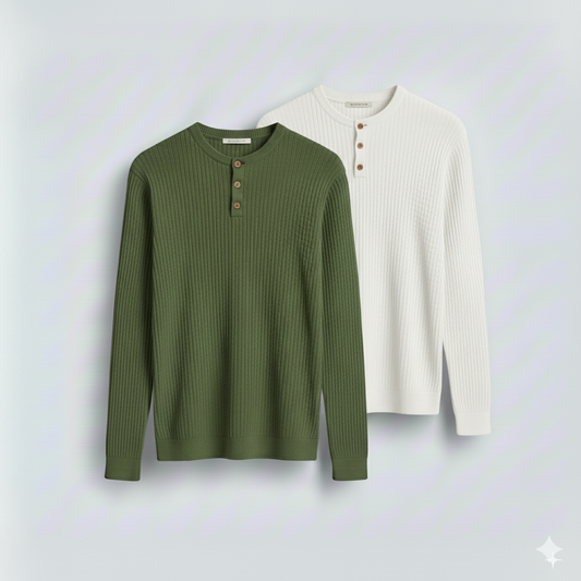 2 Pieces Waffle Knit Henley Pack ( Military Green + White )