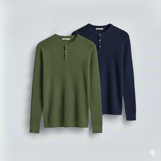 2 Pieces Waffle Knit Henley Pack ( Military Green + Navy )