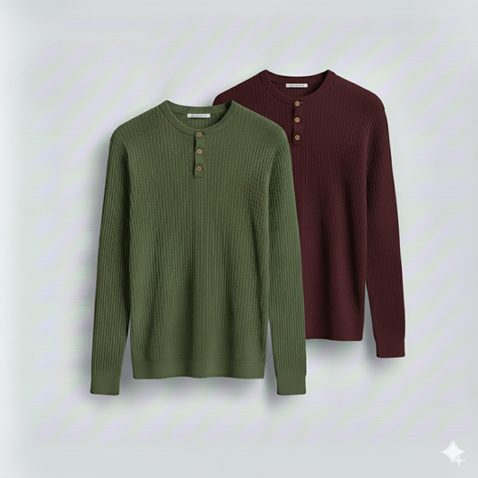 2 Pieces Waffle Knit Henley Pack ( Military Green + Maroon )