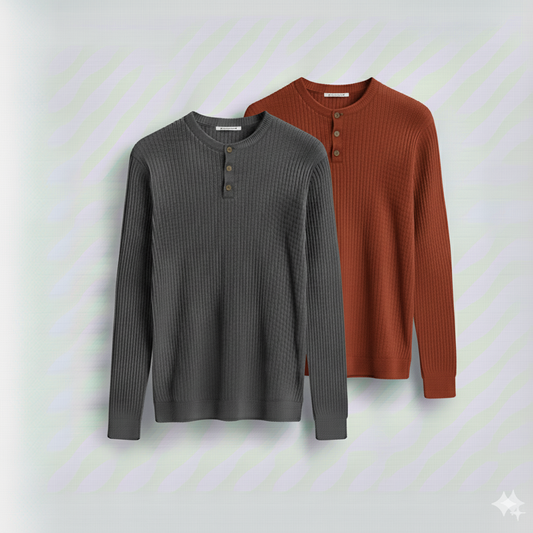 2 Pieces Waffle Knit Henley Pack ( Charcoal + Rust )