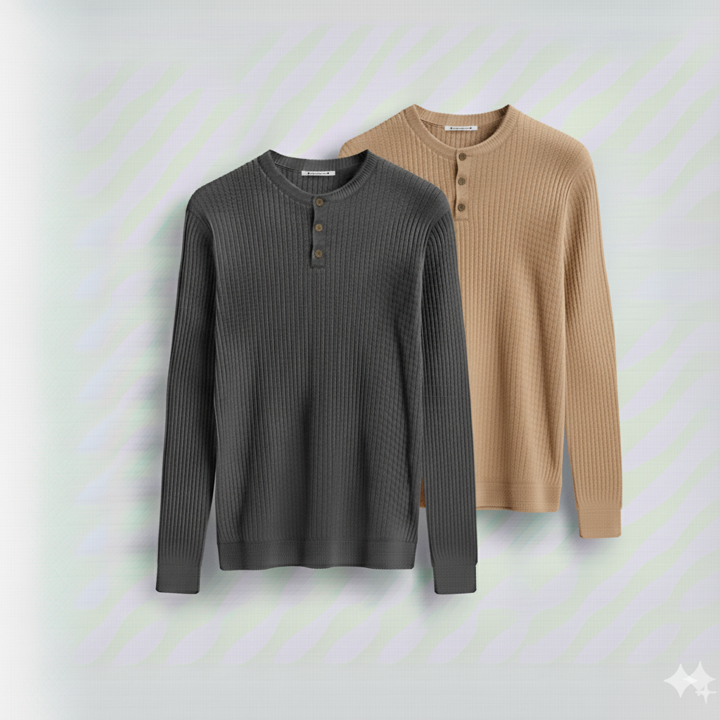 2 Pieces Waffle Knit Henley Pack (  Charcoal + Desert Sand )